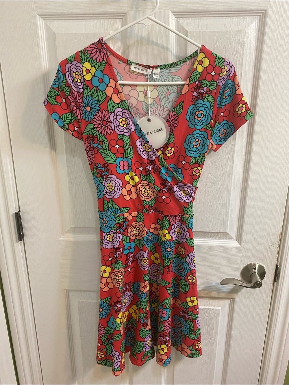Rebel Sugar Retro 60s Vibe Floral Tie Back Skater Dress Women’s Medium Fun